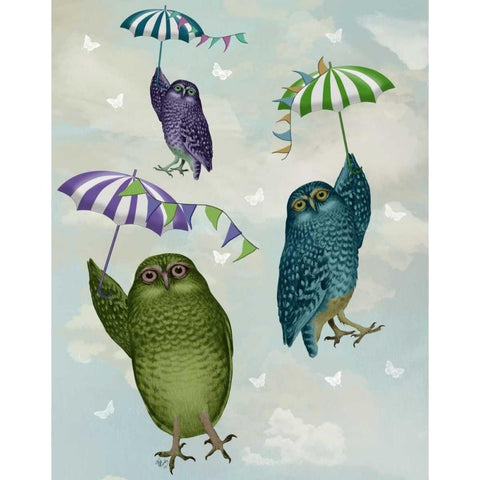 Owls with Umbrellas White Modern Wood Framed Art Print by Fab Funky