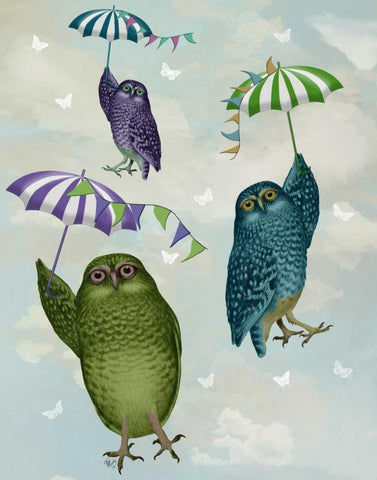 Owls with Umbrellas Black Ornate Wood Framed Art Print with Double Matting by Fab Funky