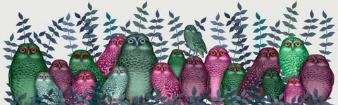 Electric Owls, Pink and Green White Modern Wood Framed Art Print with Double Matting by Fab Funky