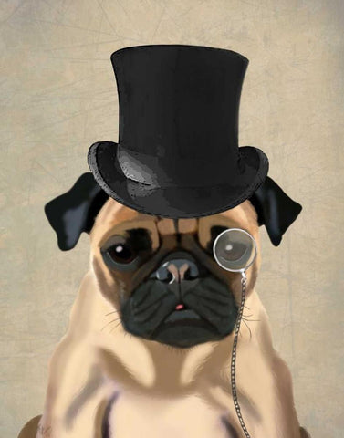 Pug, Formal Hound and Hat Black Ornate Wood Framed Art Print with Double Matting by Fab Funky