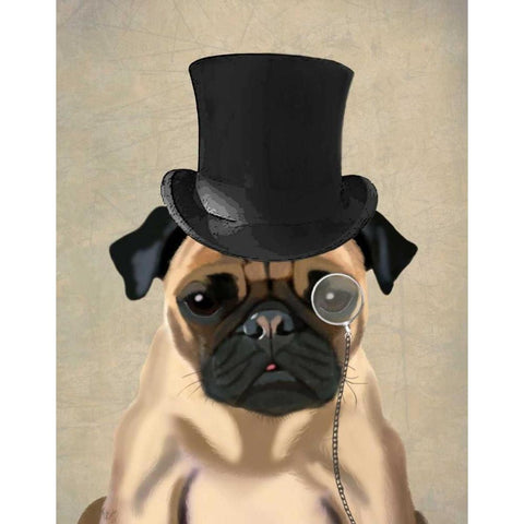 Pug, Formal Hound and Hat White Modern Wood Framed Art Print by Fab Funky