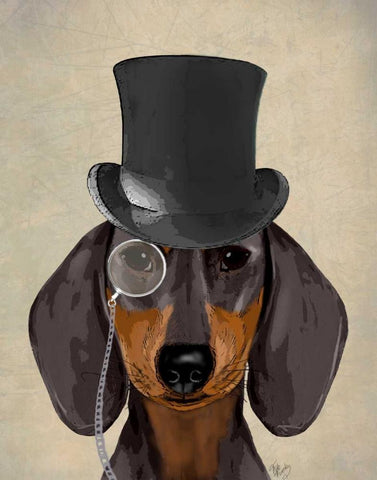 Dachshund, Formal Hound and Hat White Modern Wood Framed Art Print with Double Matting by Fab Funky