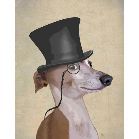 Greyhound, Formal Hound and Hat White Modern Wood Framed Art Print by Fab Funky