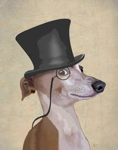 Greyhound, Formal Hound and Hat Black Ornate Wood Framed Art Print with Double Matting by Fab Funky