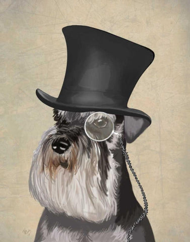 Schnauzer, Formal Hound and Hat White Modern Wood Framed Art Print with Double Matting by Fab Funky