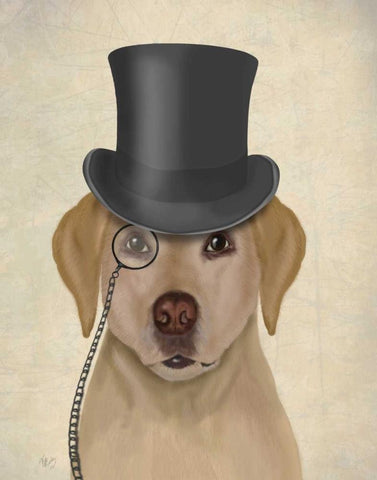 Yellow Labrador, Formal Hound and Hat White Modern Wood Framed Art Print with Double Matting by Fab Funky