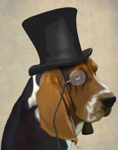 Basset Hound, Formal Hound and Hat White Modern Wood Framed Art Print with Double Matting by Fab Funky