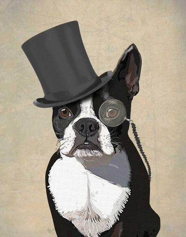 Boston Terrier, Formal Hound and Hat White Modern Wood Framed Art Print with Double Matting by Fab Funky