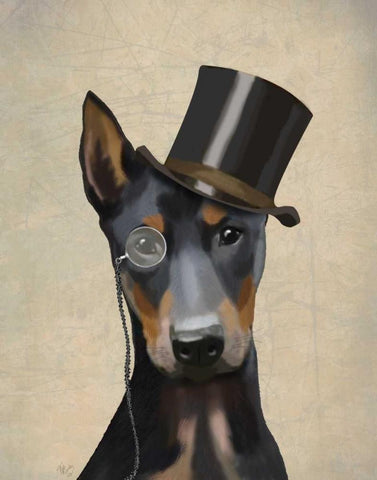 Doberman, Formal Hound and Hat Black Ornate Wood Framed Art Print with Double Matting by Fab Funky