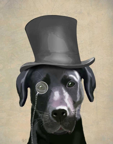 Black Labrador, Formal Hound and Hat White Modern Wood Framed Art Print with Double Matting by Fab Funky