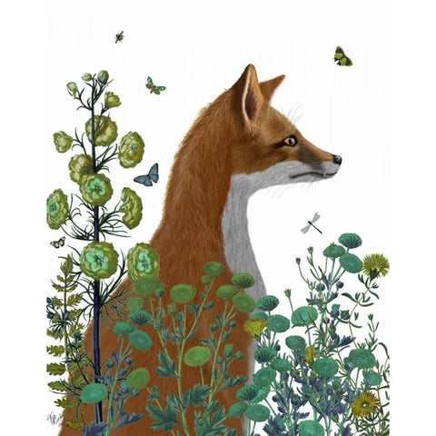 Fox In the Garden White Modern Wood Framed Art Print by Fab Funky