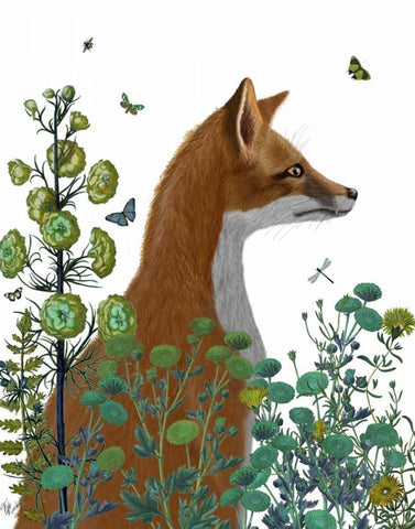 Fox In the Garden White Modern Wood Framed Art Print with Double Matting by Fab Funky