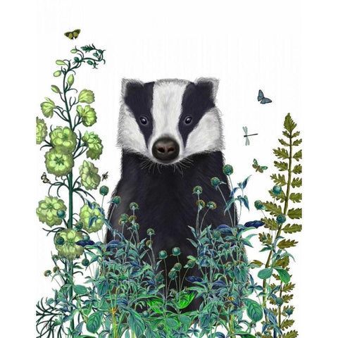 Badger In The Garden Gold Ornate Wood Framed Art Print with Double Matting by Fab Funky