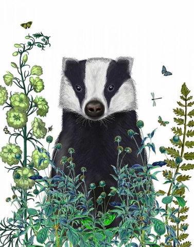 Badger In The Garden Black Ornate Wood Framed Art Print with Double Matting by Fab Funky