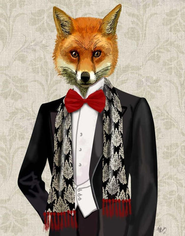 Fox with Red Bow Tie White Modern Wood Framed Art Print with Double Matting by Fab Funky