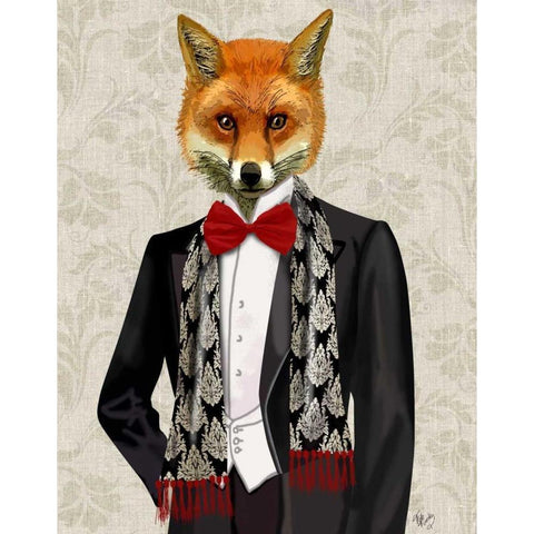 Fox with Red Bow Tie Black Modern Wood Framed Art Print with Double Matting by Fab Funky