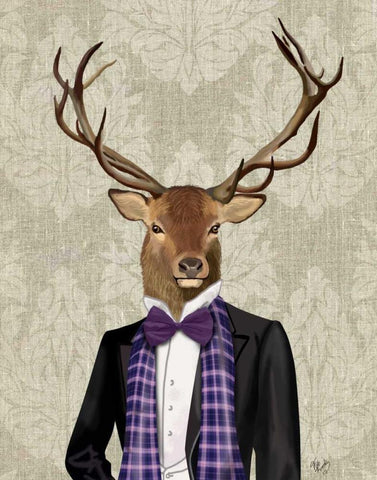 Deer in Evening Suit, Portrait White Modern Wood Framed Art Print with Double Matting by Fab Funky