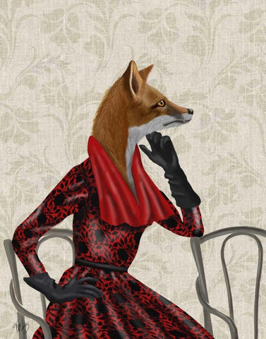 Fox with Red Scarf White Modern Wood Framed Art Print with Double Matting by Fab Funky