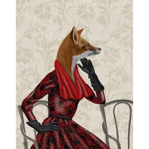 Fox with Red Scarf White Modern Wood Framed Art Print by Fab Funky