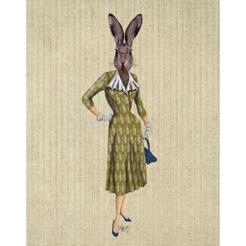 Rabbit In Mustard Dress Gold Ornate Wood Framed Art Print with Double Matting by Fab Funky