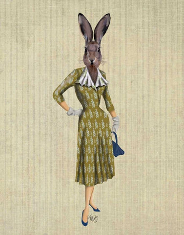 Rabbit In Mustard Dress Black Ornate Wood Framed Art Print with Double Matting by Fab Funky