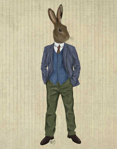 Rabbit in Blue Waistcoat Black Ornate Wood Framed Art Print with Double Matting by Fab Funky