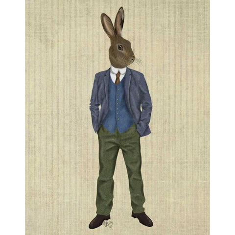 Rabbit in Blue Waistcoat Gold Ornate Wood Framed Art Print with Double Matting by Fab Funky