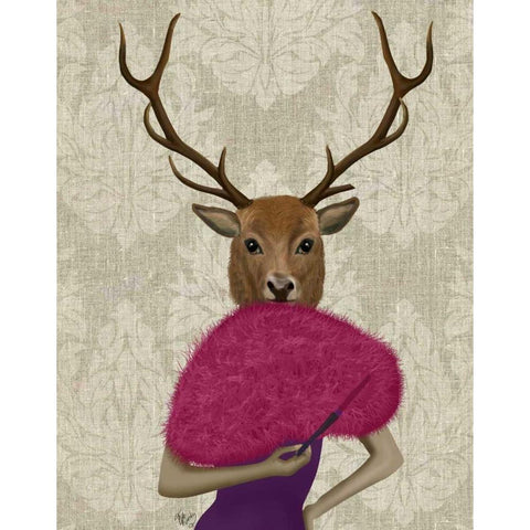 Deer with Fan, Portrait White Modern Wood Framed Art Print by Fab Funky