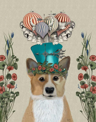 Corgi Milliners Dog White Modern Wood Framed Art Print with Double Matting by Fab Funky