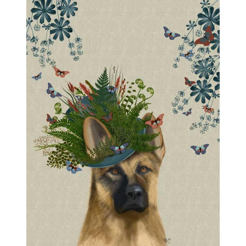 German Shepherd Milliners Dog White Modern Wood Framed Art Print by Fab Funky