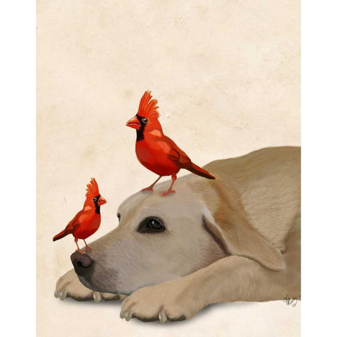 Labrador with Red Birds Black Modern Wood Framed Art Print with Double Matting by Fab Funky