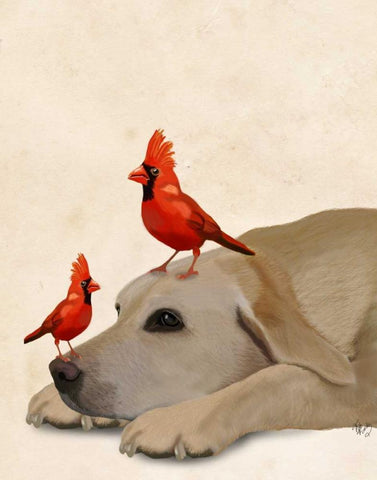 Labrador with Red Birds White Modern Wood Framed Art Print with Double Matting by Fab Funky