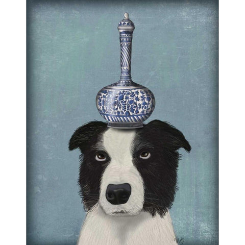 Border Collie with Blue Vase Gold Ornate Wood Framed Art Print with Double Matting by Fab Funky