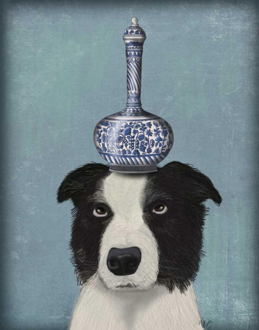 Border Collie with Blue Vase White Modern Wood Framed Art Print with Double Matting by Fab Funky