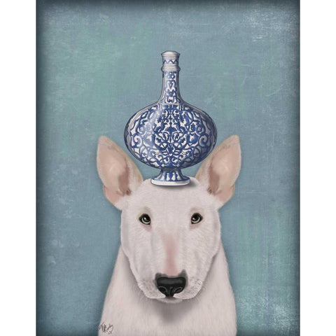 English Bull Terrier with Blue Vase White Modern Wood Framed Art Print by Fab Funky