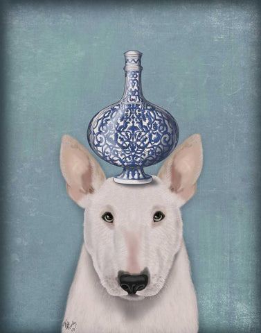 English Bull Terrier with Blue Vase Black Ornate Wood Framed Art Print with Double Matting by Fab Funky