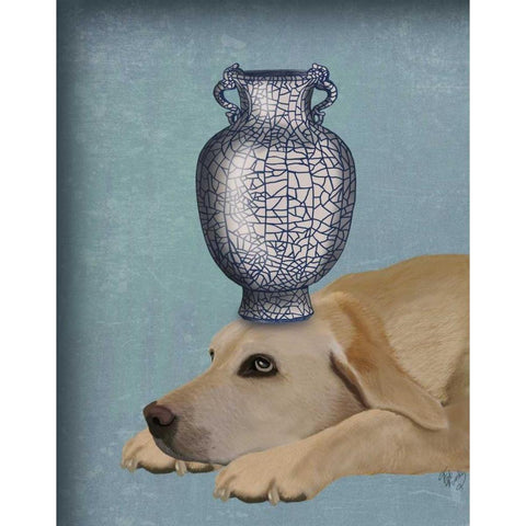 Labrador with Blue Vase Black Modern Wood Framed Art Print with Double Matting by Fab Funky