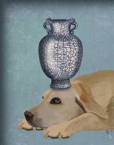 Labrador with Blue Vase Black Ornate Wood Framed Art Print with Double Matting by Fab Funky