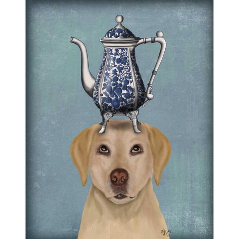 Labrador with Teapot Gold Ornate Wood Framed Art Print with Double Matting by Fab Funky