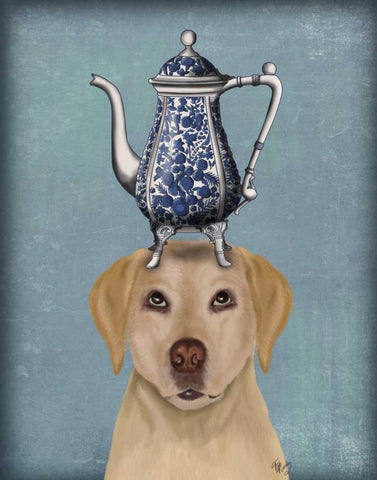 Labrador with Teapot White Modern Wood Framed Art Print with Double Matting by Fab Funky