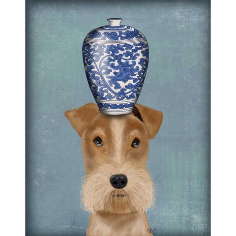 Fox Terrier with Blue Vase Black Modern Wood Framed Art Print with Double Matting by Fab Funky