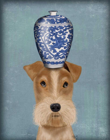 Fox Terrier with Blue Vase Black Ornate Wood Framed Art Print with Double Matting by Fab Funky