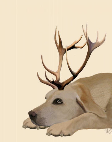 Labrador with Antlers White Modern Wood Framed Art Print with Double Matting by Fab Funky