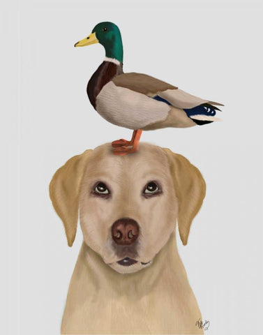 Labrador and Duck White Modern Wood Framed Art Print with Double Matting by Fab Funky