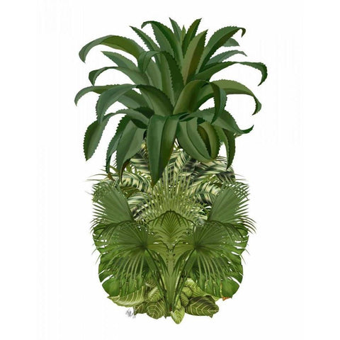 Pineapple, Tropical Palms, Green White Modern Wood Framed Art Print by Fab Funky