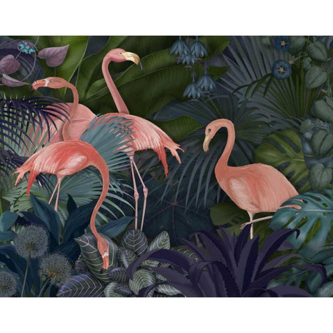 Flamingos in Blue Garden Black Modern Wood Framed Art Print by Fab Funky