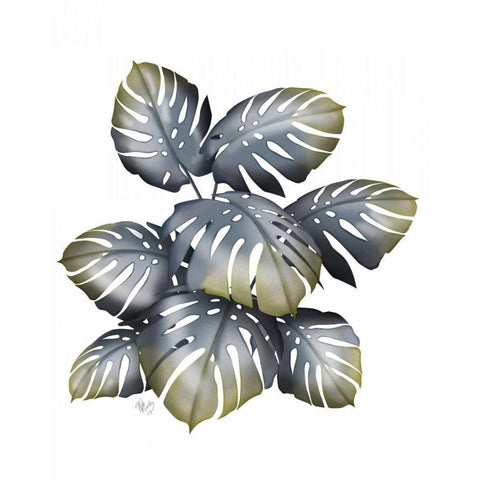 Monstera Plant, Grey and Gold White Modern Wood Framed Art Print by Fab Funky