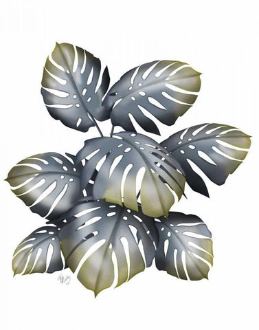 Monstera Plant, Grey and Gold Black Ornate Wood Framed Art Print with Double Matting by Fab Funky