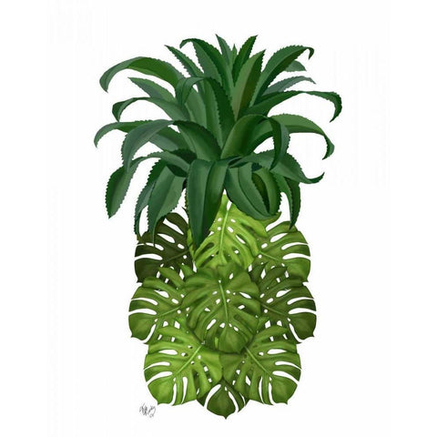 Pineapple, Monstera Leaf White Modern Wood Framed Art Print by Fab Funky