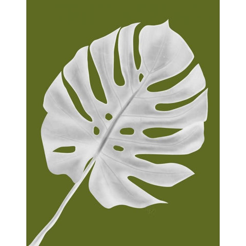 Monstera Leaf 1, White On Green Gold Ornate Wood Framed Art Print with Double Matting by Fab Funky